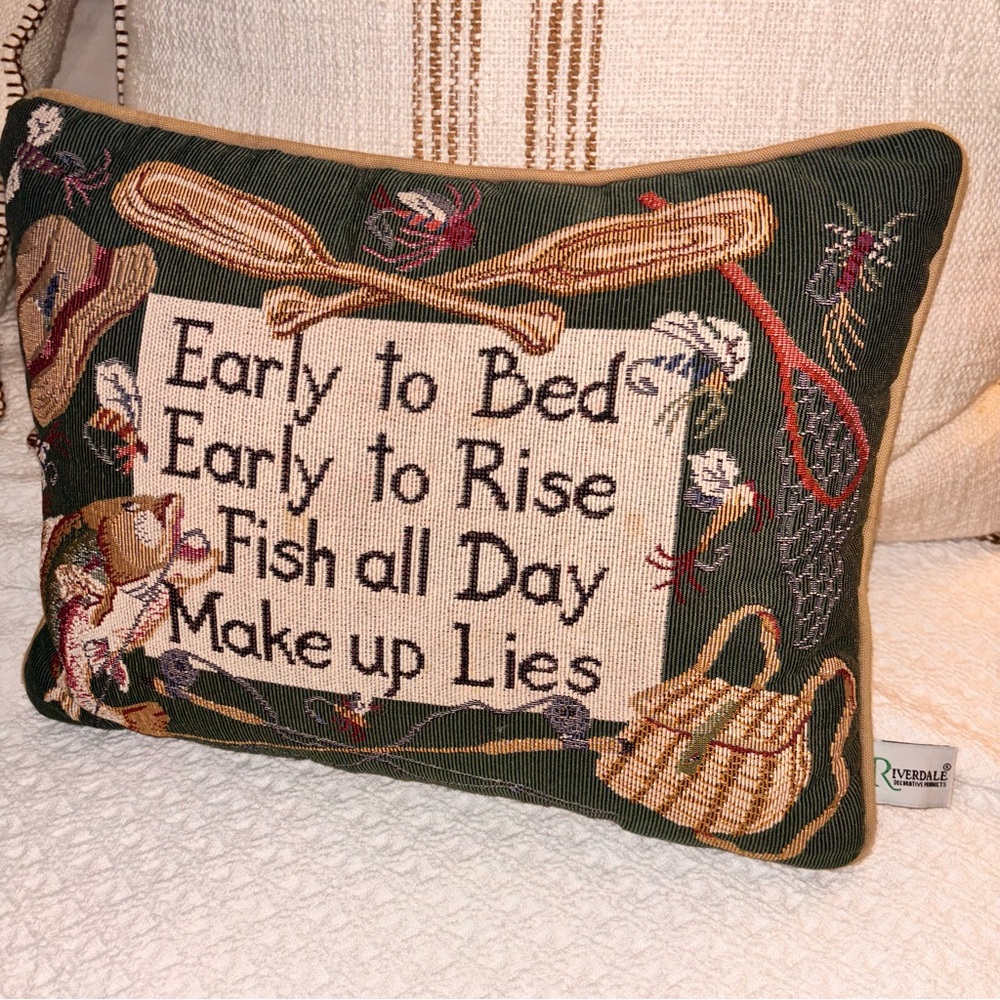 Vintage Riverdale fishing theme tapestry accent pillow early to bed early rise